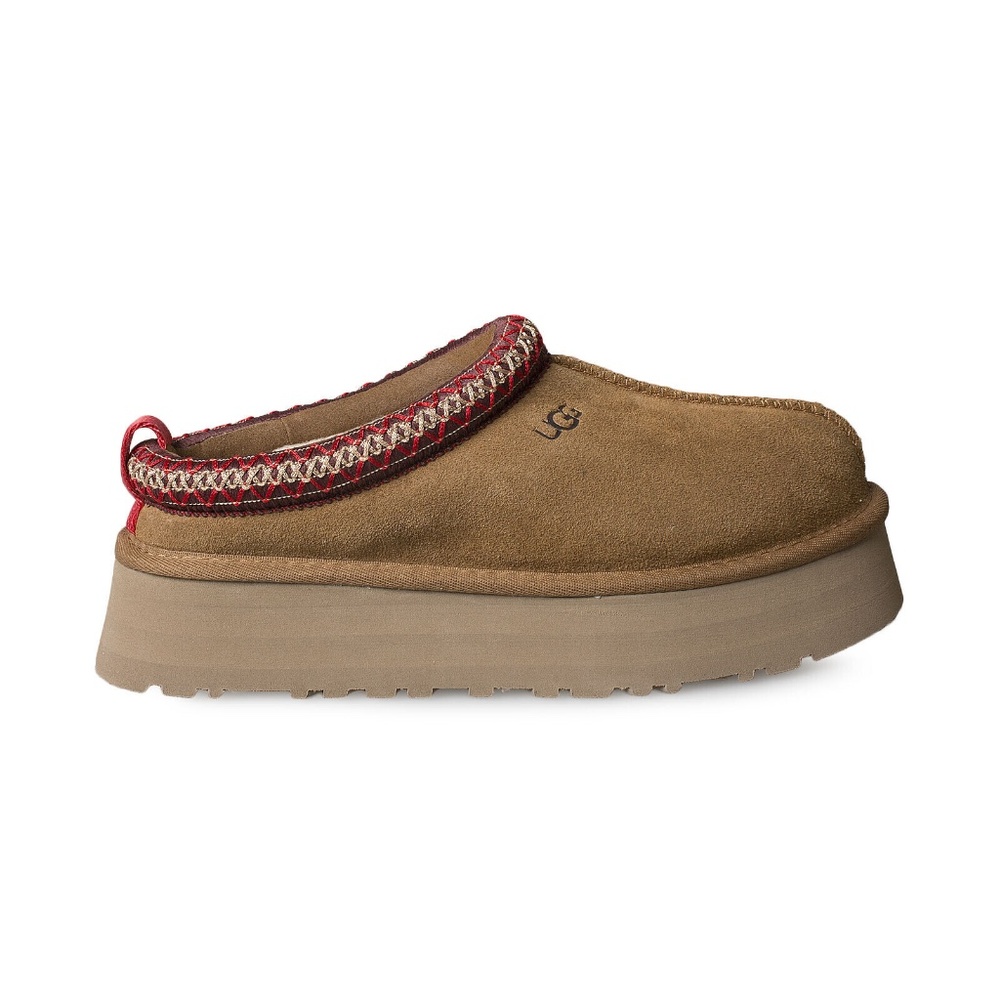 UGG Tan Slippers with Red Trim
